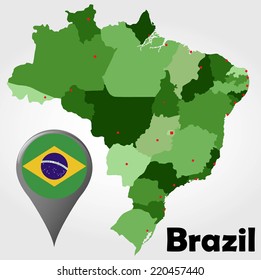 Brazil political map with green shades and map pointer.