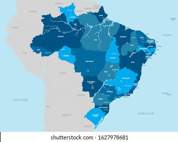 Brazil political map. Vector illustration with isolated - separated provinces, departments and cities. 