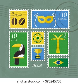 Brazil Postage : Tourist Attraction in Postage Stamps Template : Vector Illustration