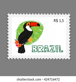 Brazil postal stamp with black feathers and orange beak toucan bird, hand drawn lettering Brazil and plant monstera on gray background. Vector