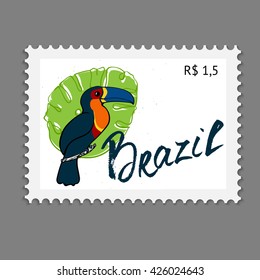 Brazil postal stamp with toucan bird, hand drawn lettering Brazil and plant monstera on gray background. Vector. 