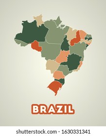 Brazil poster in retro style. Map of the country with regions in autumn color palette. Shape of Brazil with country name. Awesome vector illustration.
