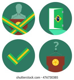 Brazil President impeachment vector icons set in flat style. Impeachment in brazil signs, open door in brazil flag colors, check and cross ribbons, empty tribune with question, green color icons