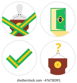 Brazil President impeachment vector icons set in flat style. Impeachment signs, open door in brazil flag color, check and cross ribbons, empty tribune, politic icons in circles on white background