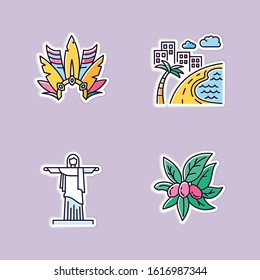 Brazil printable patches. Crown with plumage. South America cityscape. Christ the Redeemer. Religion sculpture. San Paulo. Rio de Janeiro. Vector isolated illustrations