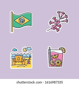 Brazil printable patches. National flag. RGB color stickers, pins and badges set. Plumeria. Caipirinha. Sand castle on the coast. Traditional cocktail. Ocean beach. Vector isolated illustrations