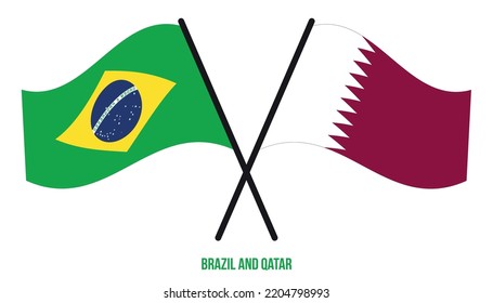 Brazil and Qatar Flags Crossed And Waving Flat Style. Official Proportion. Correct Colors.