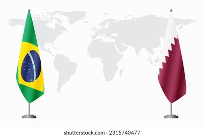 Brazil and Qatar flags for official meeting against background of world map, vector