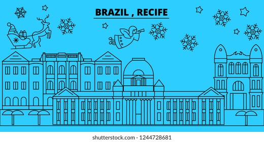 Brazil, Recife winter holidays skyline. Merry Christmas, Happy New Year decorated banner with Santa Claus.Brazil, Recife linear christmas city vector flat illustration