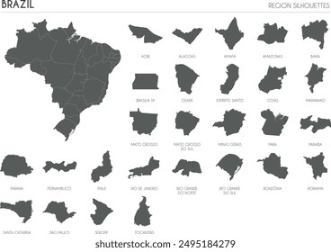 Brazil region silhouettes set and blank map of the country isolated on white background. Vector illustration design