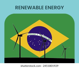 Brazil renewable energy, environmental and ecological energy idea, wind turbine with Brazil flag, electrical industry, alternative solar power