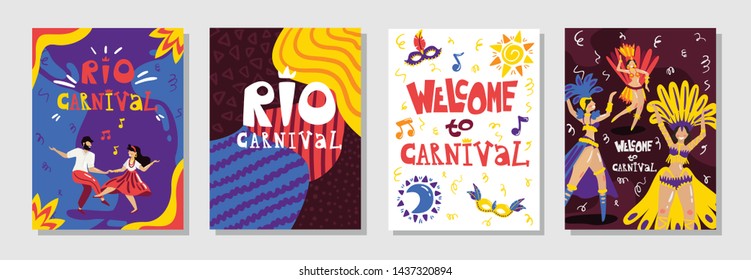 Brazil rio carnival announcement 4 colorful posters set with music symbols smiling dancers isolated vector illustration 