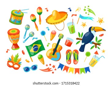 Brazil Rio carnival. Beautiful celebration party or masquerade in masks. Elements with carnival mask, maracas, bird,, musical instruments, fireworks. Seasonal event poster, banner vector