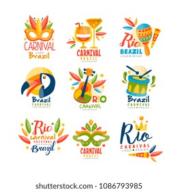 Brazil, Rio Carnival logo design set, bright fest.ive party banner with masquerade masks, maracas, toucan, musical instruments vector Illustration on a white background