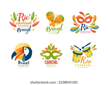 Brazil and Rio Carnival Logo Design with Bright Masquerade Feather Mask, Drum and Maracas Vector Set