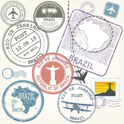 Brazil And Rio De Janeiro Journey, Travel Stamps, Labels And Stickers, Vector
