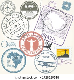 Brazil and Rio de Janeiro journey, travel stamps, labels and stickers, vector
