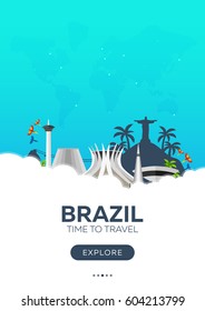 Brazil. Rio de Janeiro. Time to travel. Travel poster. Vector flat illustration