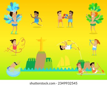  Brazil Rio summer games. World travel event for people sports. Copacabana. Carnival Brazil. Vector Illustration. Athletes compete. Rio sport jorney International competitions in summer sports