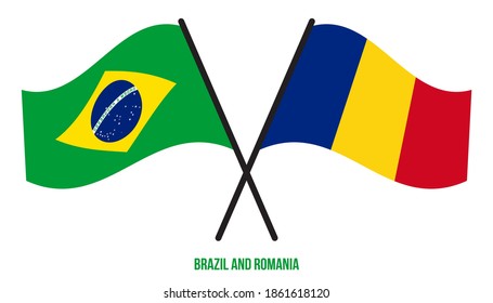 Brazil and Romania Flags Crossed And Waving Flat Style. Official Proportion. Correct Colors.