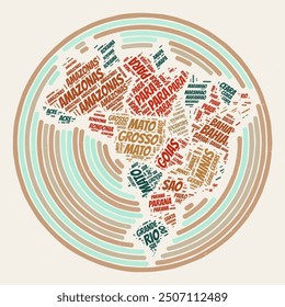 Brazil Round Poster. Typography style image of Country. States word clouds of Brazil. Vintage image design with scratch texture.