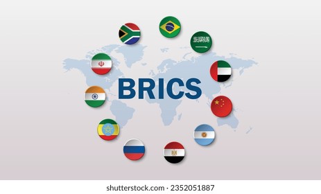 Brazil Russia India China, South Africa , Argentina, Egypt, Ethiopia, Iran, Saudi Arabia and United Arab Emirates flag  for new BRICS country economic international cooperation concept by 3d render