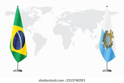 Brazil and San Marino flags for official meeting against background of world map, vector