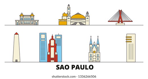 Brazil, Sao Paulo flat landmarks vector illustration. Brazil, Sao Paulo line city with famous travel sights, skyline, design. 