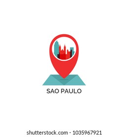 Brazil Sao Paulo map city pin point geolocation modern skyline shape pointer vector flat logo web icon illustration