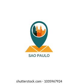 Brazil Sao Paulo map city pin point geolocation modern skyline shape pointer vector flat logo web icon illustration