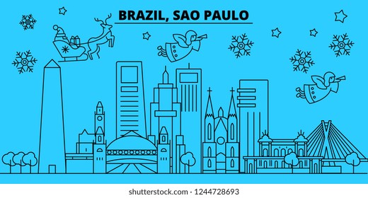 Brazil, Sao Paulo winter holidays skyline. Merry Christmas, Happy New Year decorated banner with Santa Claus.Brazil, Sao Paulo linear christmas city vector flat illustration