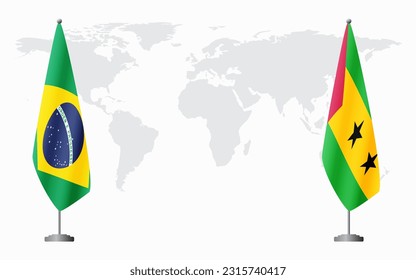 Brazil and Sao Tome and Principe flags for official meeting against background of world map, vector