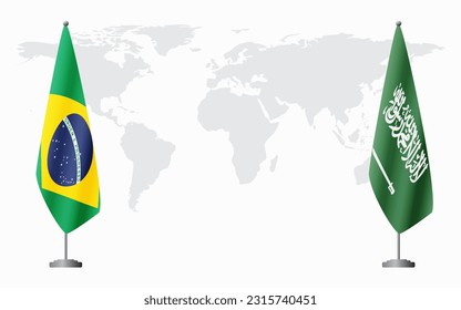 Brazil and Saudi Arabia flags for official meeting against background of world map, vector