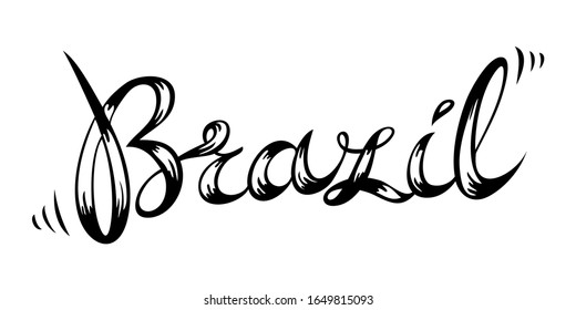 Brasilien-Skript-Titel. Einziger Freehand-Einzel-Begriff im Doodle-Stil. Namensschrift des großen Landes der Welt. Vektorillustration.