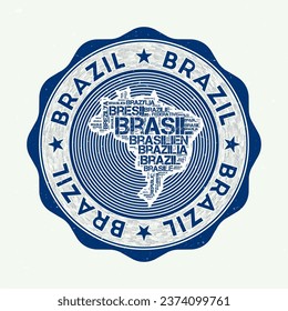 Brazil seal. Country round logo with shape of Brazil and country name in multiple languages word cloud. Beautiful emblem. Appealing vector illustration.