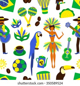 Brazil seamless pattern with football carnival coffee parrot samba guitar vector illustration