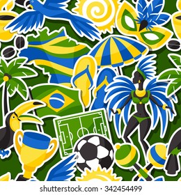 Brazil seamless pattern with sticker objects and cultural symbols.