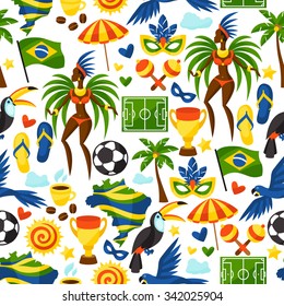 Brazil seamless pattern with stylized objects and cultural symbols.