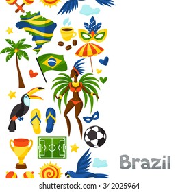 Brazil seamless pattern with stylized objects and cultural symbols.