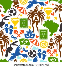 Brazil seamless pattern with stylized objects and cultural symbols.