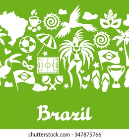 Brazil seamless pattern with stylized objects and cultural symbols.