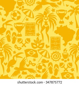 Brazil seamless pattern with stylized objects and cultural symbols.