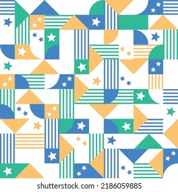 Brazil. Seamless vector pattern with the colors of the Brazilian flag, blue, yellow and green. Country of football, joy, samba, carnival. Shapes with movement, background, backdrop. Surface design