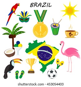 Brazil. set of Cartoons and Flat icons. Summer. Vector illustration. welcome. sports. podium. soccer.sun. 