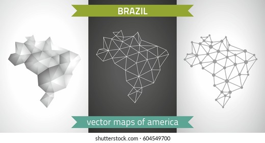 Brasil conjunto de mapas poligonales en 3d de mosaico gris y plata.  Mapas de perspectiva de sombras de esquema de geometría de triángulo de vector gráfico