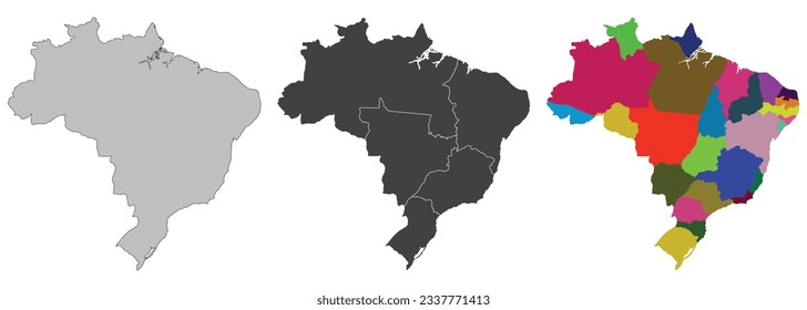 Brazil set. Brazil map with administrative regions colorful. Latin map. Brazilian map set.