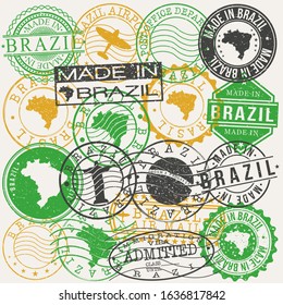 Brazil Set of Stamps. Travel Passport Stamps. Made In Product. Design Seals in Old Style Insignia. Icon Clip Art Vector Collection.