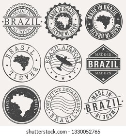 Brazil Set Of Stamps. Travel Stamp. Made In Product. Design Seals Old Style Insignia.