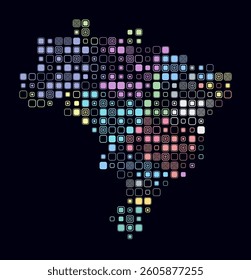 Brazil, shape of the country built of colored cells. Digital style map of Brazil on a dark background. Large size rounded square blocks. Plain vector illustration.