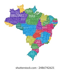 Brazil shape. Country word cloud with state division. Brazil colored illustration. State names cloud. Vector illustration.